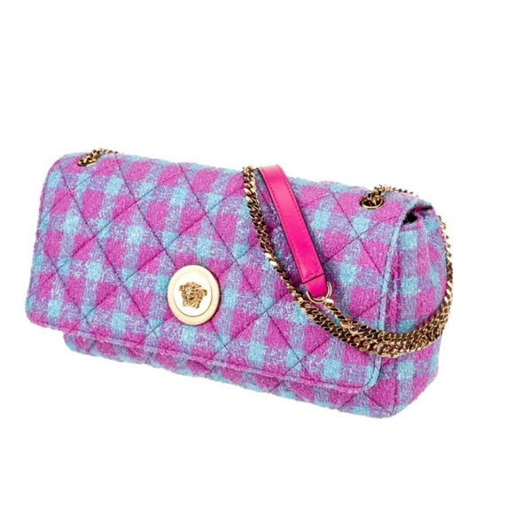 Versace Handbags - Versace Gold Medusa Pink and Blue Quilted Medium Flap Bag, New with tags!